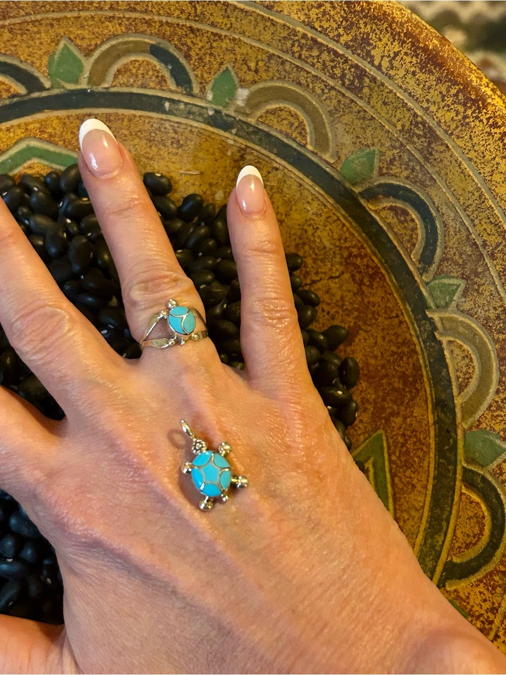 Turquoise Turtle Pendant and Ring Set - Silver Tone